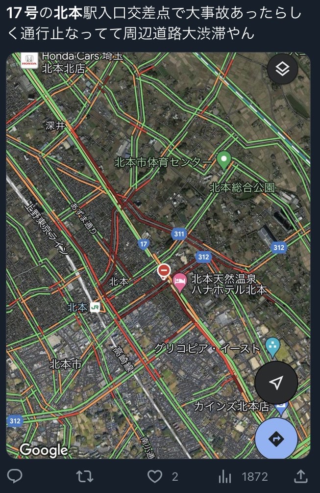 17号の北本駅入り口交差点の周辺が大渋滞している地図